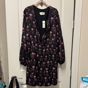 Anthropologie Dress Floral Black and Pink split neck